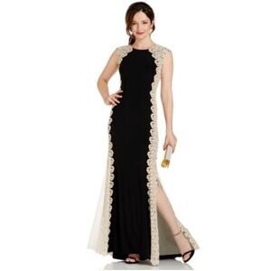 NWT Xscape Gown Women's Size 14 Black Jersey Gold Lace Side Panel Formal Dress